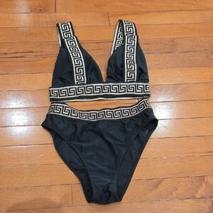 Sexy High Waist Black Bikini with Greek Key Gold Pattern Sm 4-6